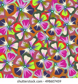 Seamless exotic pattern with many multicolored tropical flowers. Blooming jungle. Multicolor vector illustration.