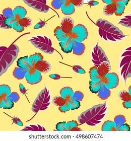 Seamless exotic pattern with many multicolored tropical flowers on a yellow background. Blooming jungle. Multicolor vector illustration.