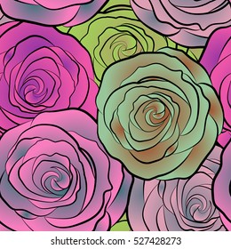 Seamless exotic pattern with many multicolored tropical flowers. Blooming jungle. Multicolor vector illustration.