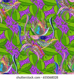 Seamless exotic pattern with many pink tropical leaves. Blooming jungle. Motley vector illustration.