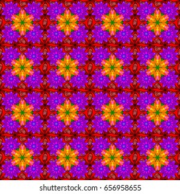 Seamless exotic pattern with many pink tropical flowers. Blooming jungle. Motley vector illustration.