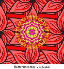 Seamless exotic pattern with many pink, red and gray tropical flowers. Blooming jungle. Motley vector illustration.
