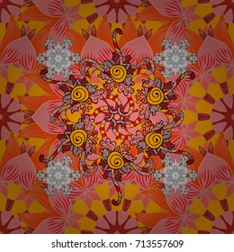 Seamless exotic pattern with many pink, orange and yellow tropical flowers. Blooming jungle. Motley vector illustration.