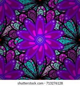 Seamless exotic pattern with many purple, black and violet tropical flowers. Blooming jungle. Motley vector illustration.