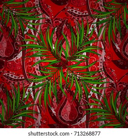 Seamless exotic pattern with many red, green and pink tropical flowers. Blooming jungle. Motley vector illustration.