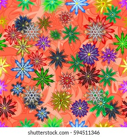 Seamless exotic pattern with many tropical flowers. Blooming jungle. Motley vector illustration.