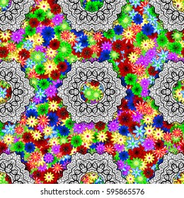 Seamless exotic pattern with many tropical flowers. Blooming jungle. Motley vector illustration.