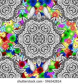 Seamless exotic pattern with many tropical flowers. Blooming jungle. Motley vector illustration.