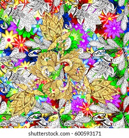 Seamless exotic pattern with many tropical flowers. Blooming jungle. Motley vector illustration.