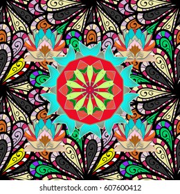 Seamless exotic pattern with many tropical flowers. Blooming jungle. Motley vector illustration.