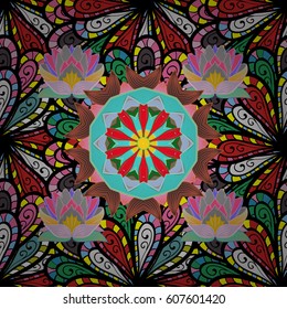 Seamless exotic pattern with many tropical flowers. Blooming jungle. Motley vector illustration.