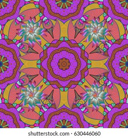 Seamless exotic pattern with many tropical flowers. Blooming jungle. Motley vector illustration.