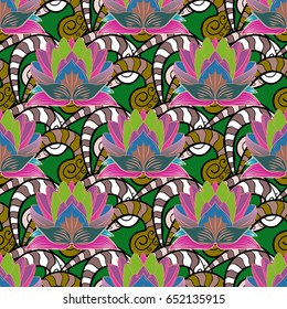 Seamless exotic pattern with many tropical flowers. Blooming jungle. Motley vector illustration.