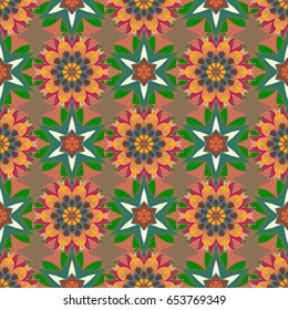 Seamless exotic pattern with many tropical flowers. Blooming jungle. Motley vector illustration.