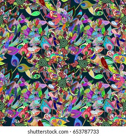Seamless exotic pattern with many tropical flowers. Blooming jungle. Motley vector illustration.