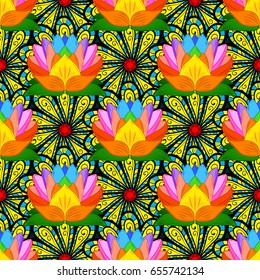 Seamless exotic pattern with many tropical flowers. Blooming jungle. Motley vector illustration.