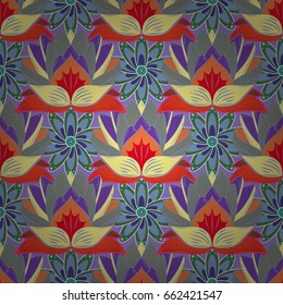 Seamless exotic pattern with many tropical flowers. Blooming jungle. Motley vector illustration.