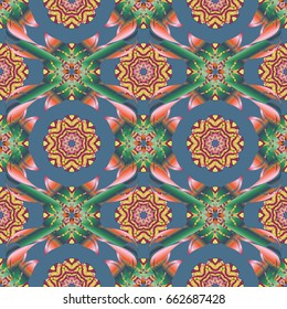 Seamless exotic pattern with many tropical flowers. Blooming jungle. Motley vector illustration.