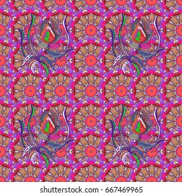 Seamless exotic pattern with many tropical flowers. Blooming jungle. Motley vector illustration.