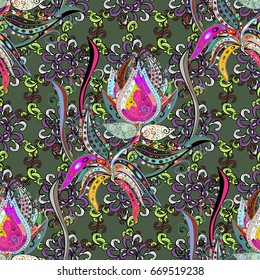 Seamless exotic pattern with many tropical flowers. Blooming jungle. Motley vector illustration.