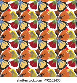 Seamless exotic pattern with many varicolored tropical flowers. Blooming jungle. Motley vector illustration.
