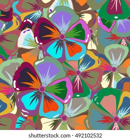 Seamless exotic pattern with many varicolored tropical flowers. Blooming jungle. Motley vector illustration.