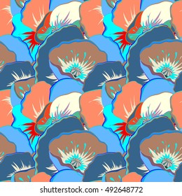 Seamless exotic pattern with many varicolored tropical flowers. Blooming jungle. Motley vector illustration.