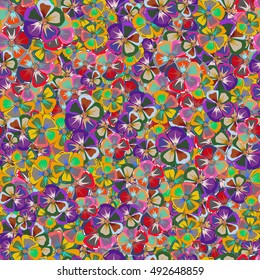Seamless exotic pattern with many varicolored tropical flowers. Blooming jungle. Motley vector illustration.