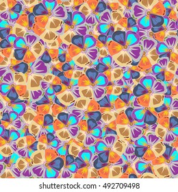 Seamless exotic pattern with many varicolored tropical flowers. Blooming jungle. Motley vector illustration.