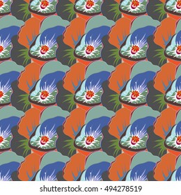 Seamless exotic pattern with many varicolored tropical flowers. Blooming jungle. Motley vector illustration.