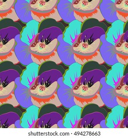 Seamless exotic pattern with many varicolored tropical flowers. Blooming jungle. Motley vector illustration.