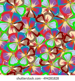 Seamless exotic pattern with many varicolored tropical flowers. Blooming jungle. Motley vector illustration.