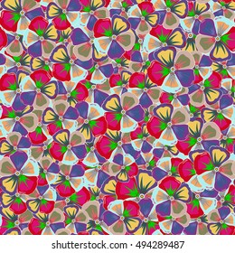 Seamless exotic pattern with many varicolored tropical flowers. Blooming jungle. Motley vector illustration.