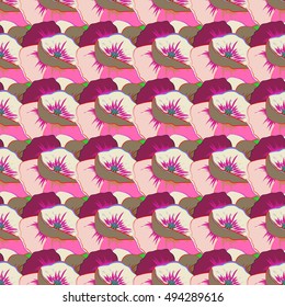 Seamless exotic pattern with many varicolored tropical flowers. Blooming jungle. Motley vector illustration.
