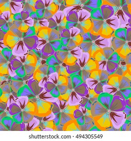 Seamless exotic pattern with many varicolored tropical flowers. Blooming jungle. Motley vector illustration.