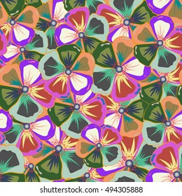 Seamless exotic pattern with many varicolored tropical flowers. Blooming jungle. Motley vector illustration.