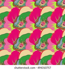 Seamless exotic pattern with many varicolored tropical flowers. Blooming jungle. Motley vector illustration.