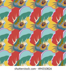 Seamless exotic pattern with many varicolored tropical flowers. Blooming jungle. Motley vector illustration.