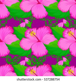 Seamless exotic pattern with many varicolored tropical flowers. Blooming jungle. Motley vector illustration.