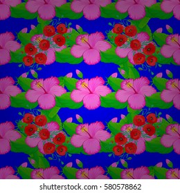 Seamless exotic pattern with many varicolored tropical flowers on a blue background. Blooming jungle. Motley vector illustration.