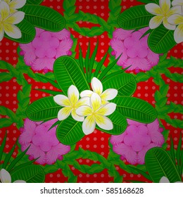 Seamless exotic pattern with many varicolored tropical flowers on a red background. Blooming jungle. Motley vector illustration.