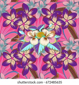 Seamless exotic pattern with many varicolored tropical flowers. Blooming jungle. Motley vector illustration.
