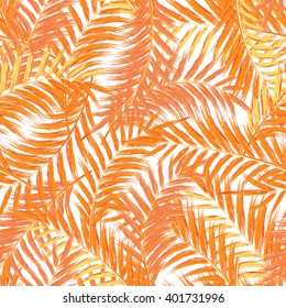 Seamless exotic pattern with orange tropical leaves  on a white background. Vector illustration. Watercolor imitation. Oil paint imitation. Not trace.