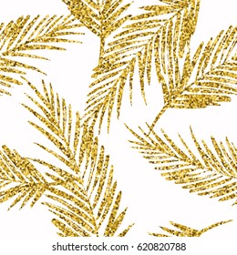Seamless exotic pattern with palm leaf silhouettes. Gold glitter texture. Vector design.