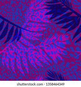 Seamless exotic pattern with palm leaves and and spotted jaguar.