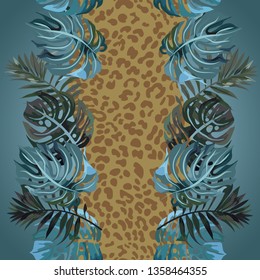 Seamless exotic pattern with palm leaves and and spotted jaguar.