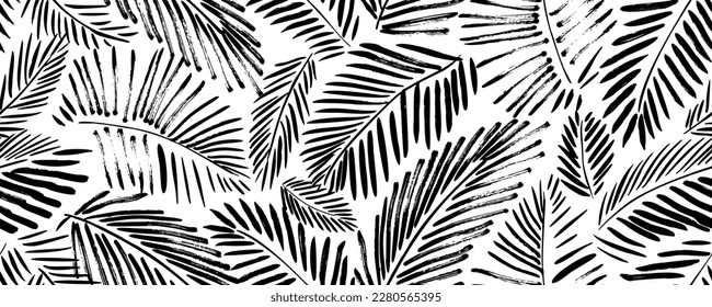 Patrón exótico sin foco con hojas de palma en estilo lineal. Papel pintado de hojas de palma tropicales dibujadas con pincel. Ilustración de tinta vectorial dibujada a mano. Diseño gráfico botánico para impresión. El follaje tropical grueso.