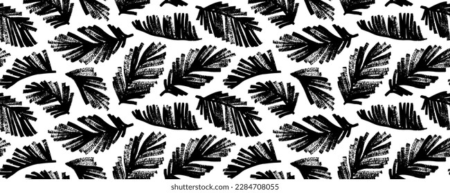 Seamless exotic pattern with palm leaves. Brush drawn tropical leaves wallpaper. Handdrawn vector ink illustration. Botanical texture design for print and wallpaper. Grunge style tropical foliage.