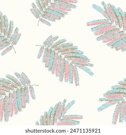 Nahtloses exotisches Muster mit Palmblättern im linearen Stil. Cyan, rote Frühlingssymbol Palmblätter mit cremefarbenem Hintergrund Bildschirmhintergrund. Design für Heimdekor, Stoff, Teppich, Verpackung, Textilbedrucktes Design.