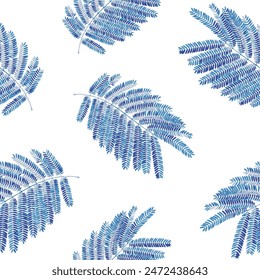 Seamless exotic pattern with palm leaves in linear style. indigo blue palm leaves wallpaper. Design for home decor, fabric, carpet, wrapping,Textile Printed design.